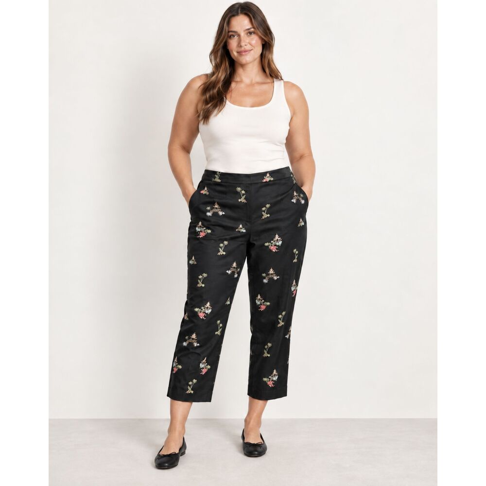 Talbots NWT 14P Petite Silk Cotton Embroidered Pagoda Cropped Pants